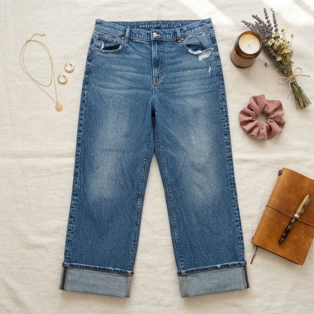 American Eagle Stovepipe High Rise Cuffed Straight Leg Jeans Medium Wash 16 Reg